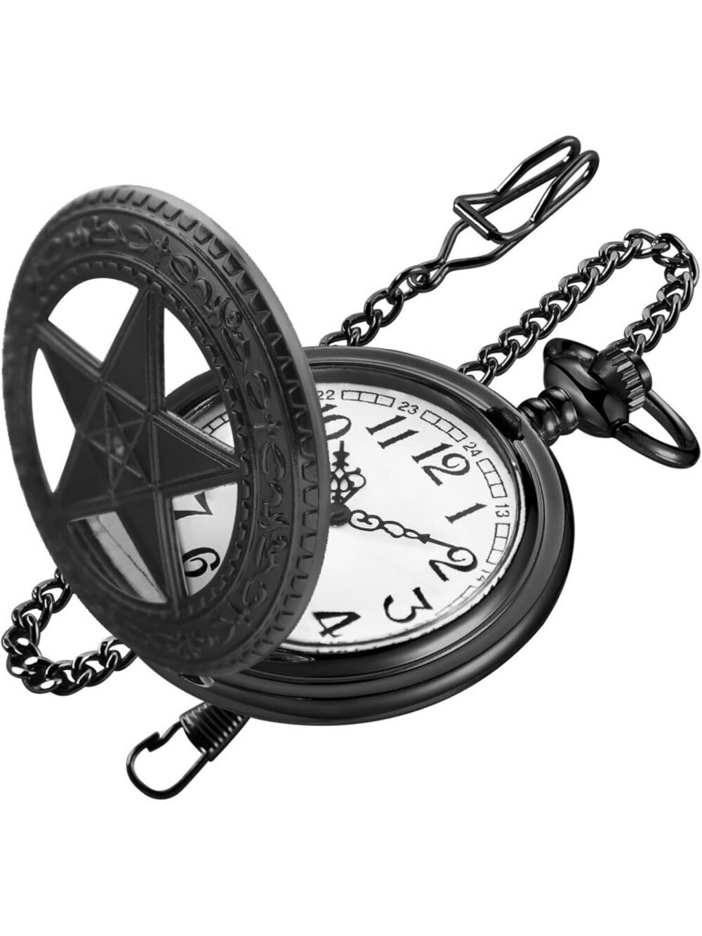 Men's Black Analog Quartz Arabic Numeral Out Pentagram Chain Dial Pocket Watch